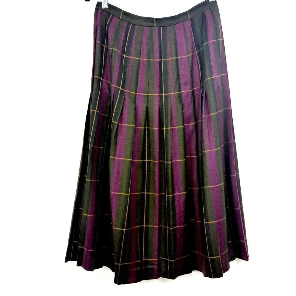 Premiere Green Burgundy Plaid 100% Wool Vintage Dark Academia Pleated Midi Skirt